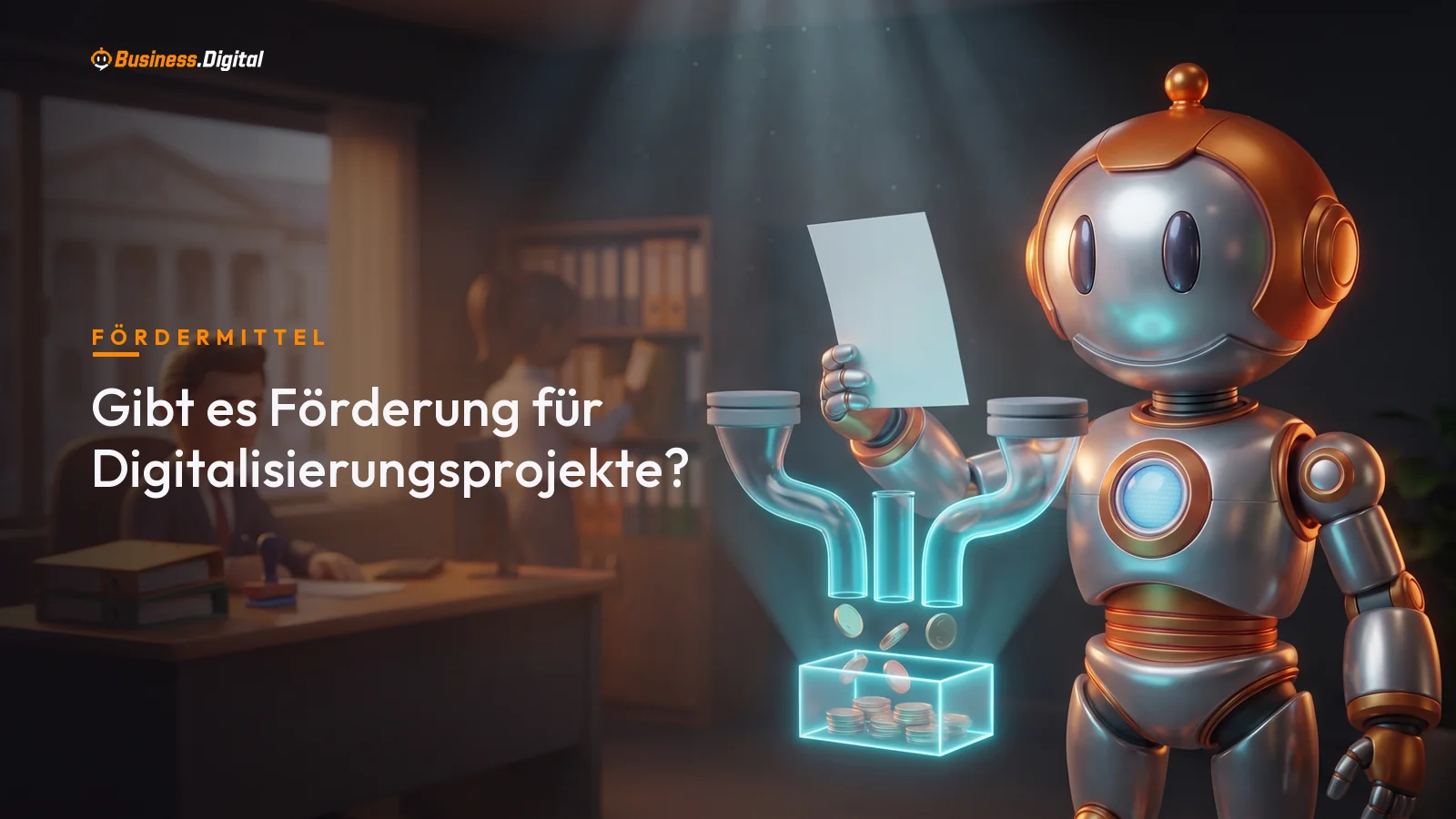 Roboter an Hologramm-Trichter mit offenen und geschlossenen Kanälen: Förderung für Digitalprojekte