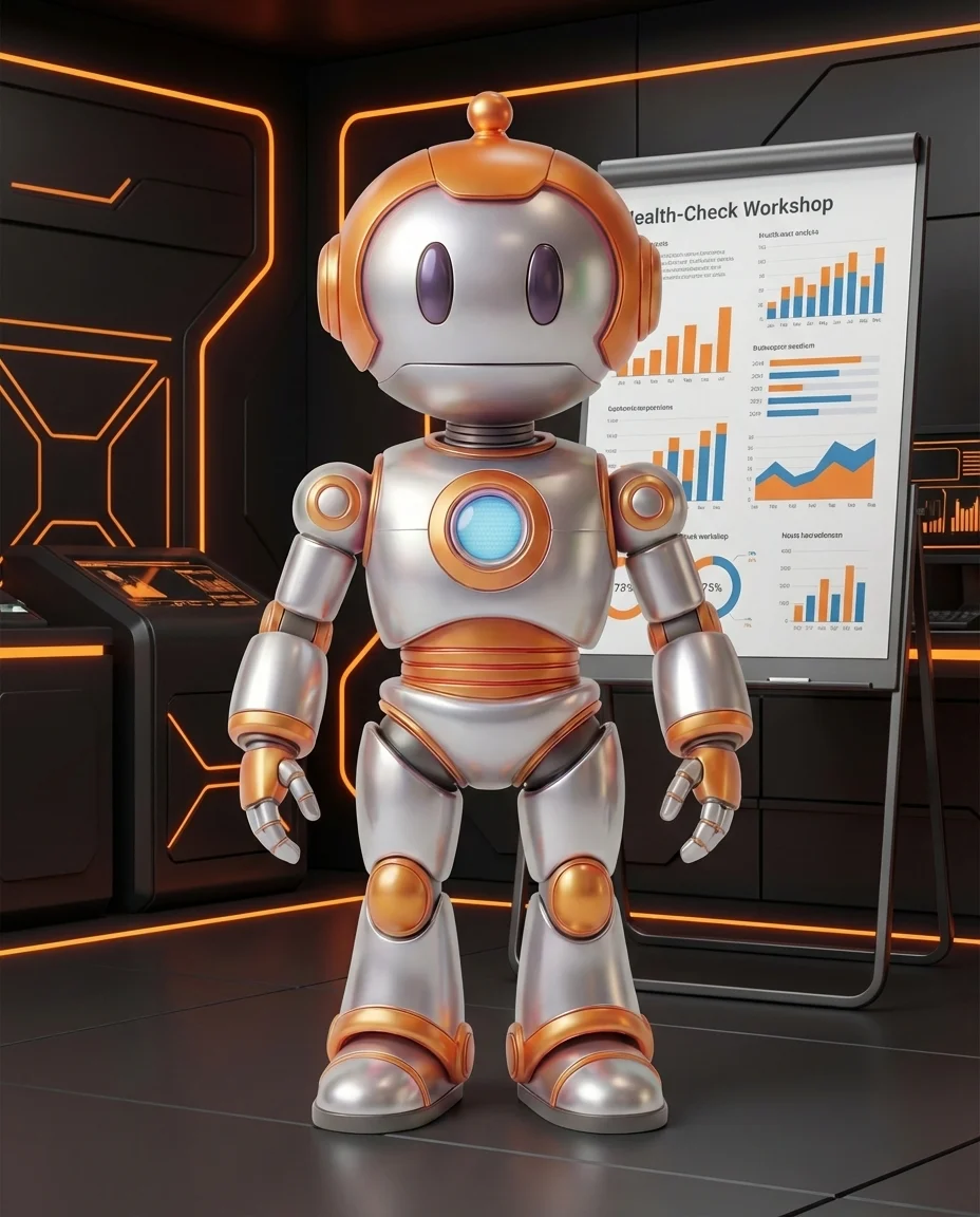 Robot moderiert Follow-up-Workshop vor Flipchart mit Health-Check-Ergebnissen