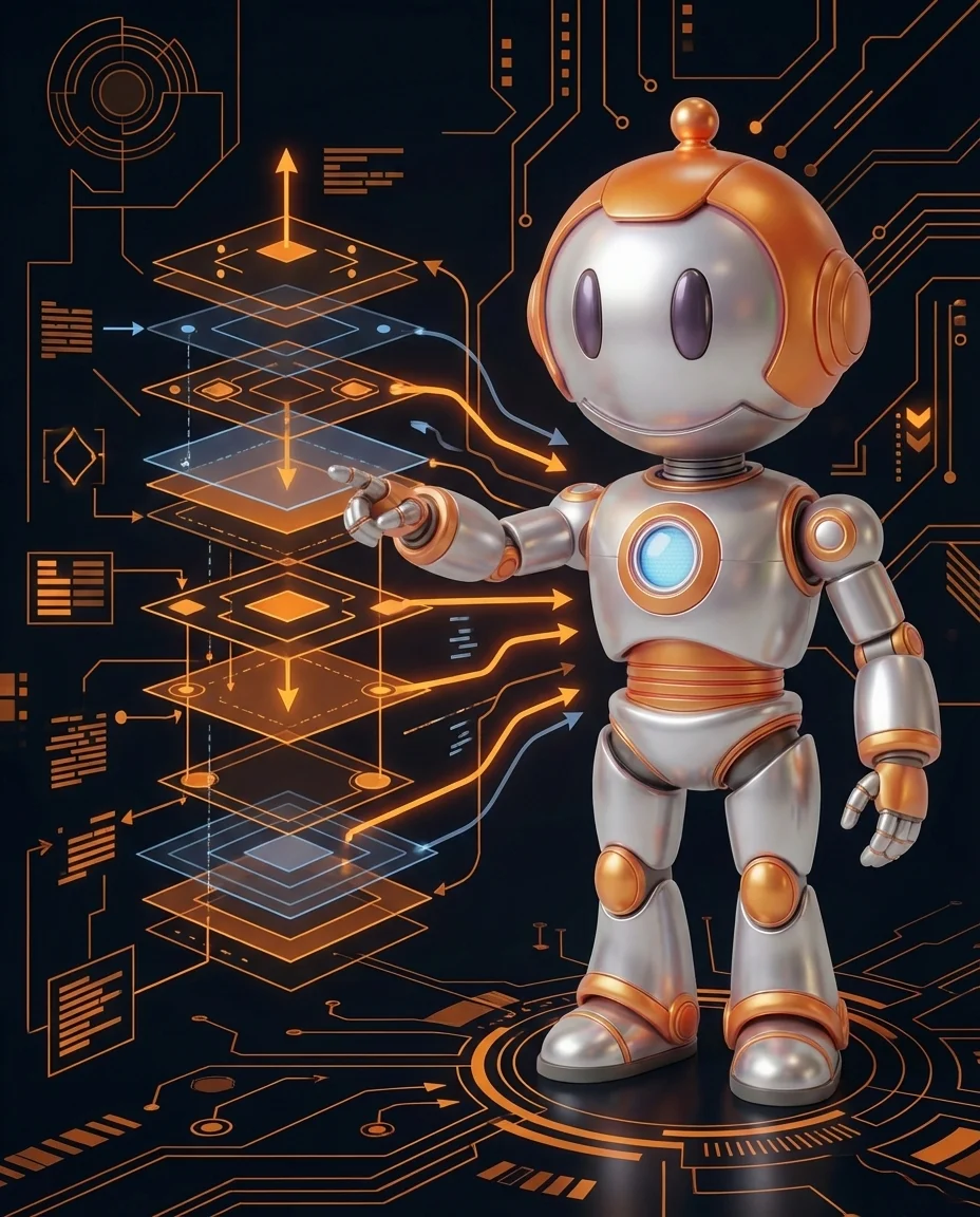 BD-Robot mit Pfeil durch Netzwerkschichten – Forward Propagation