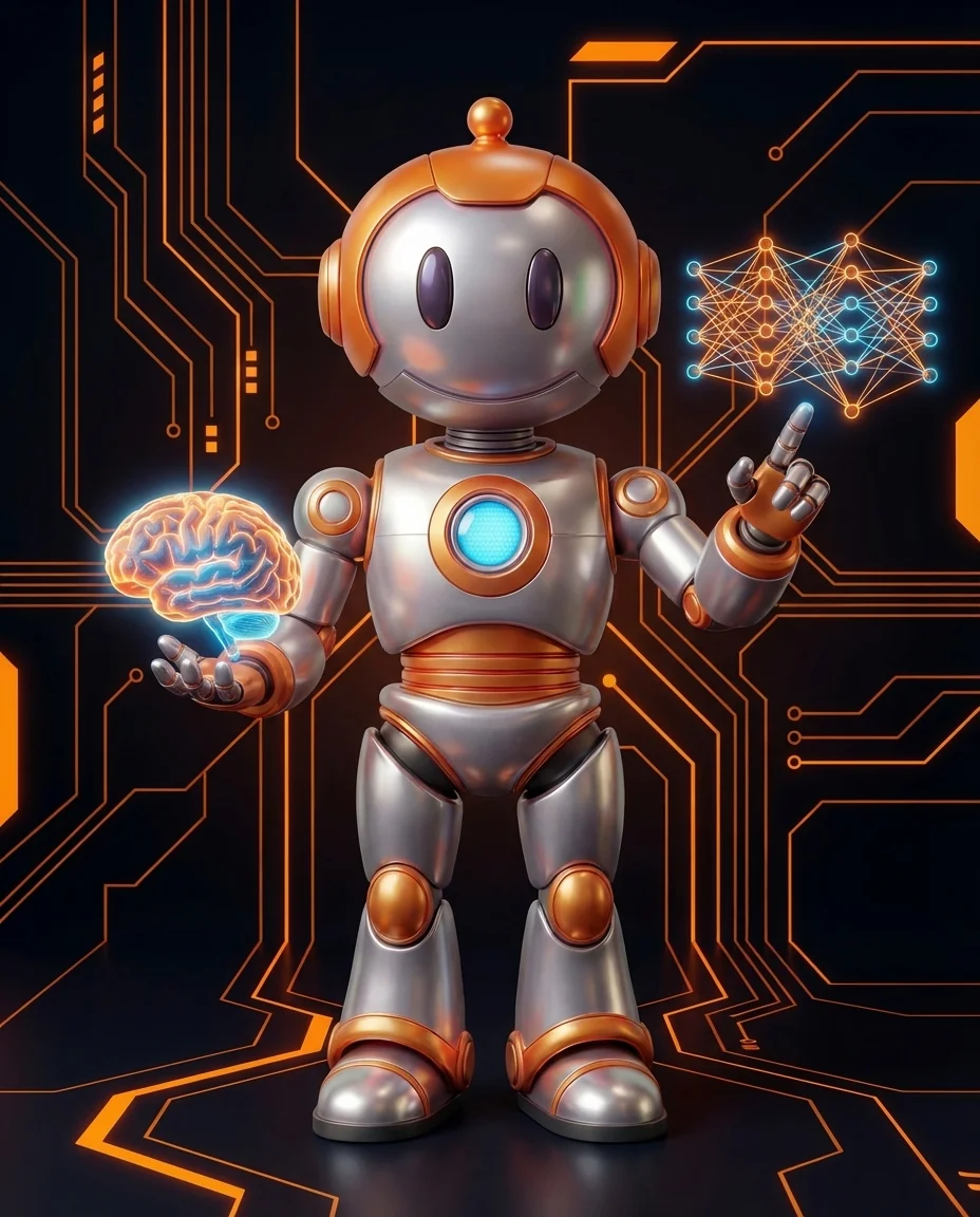 Robot hält leuchtendes Gehirn-Symbol mit ausgehenden Verbindungslinien zu verschiedenen Systemen