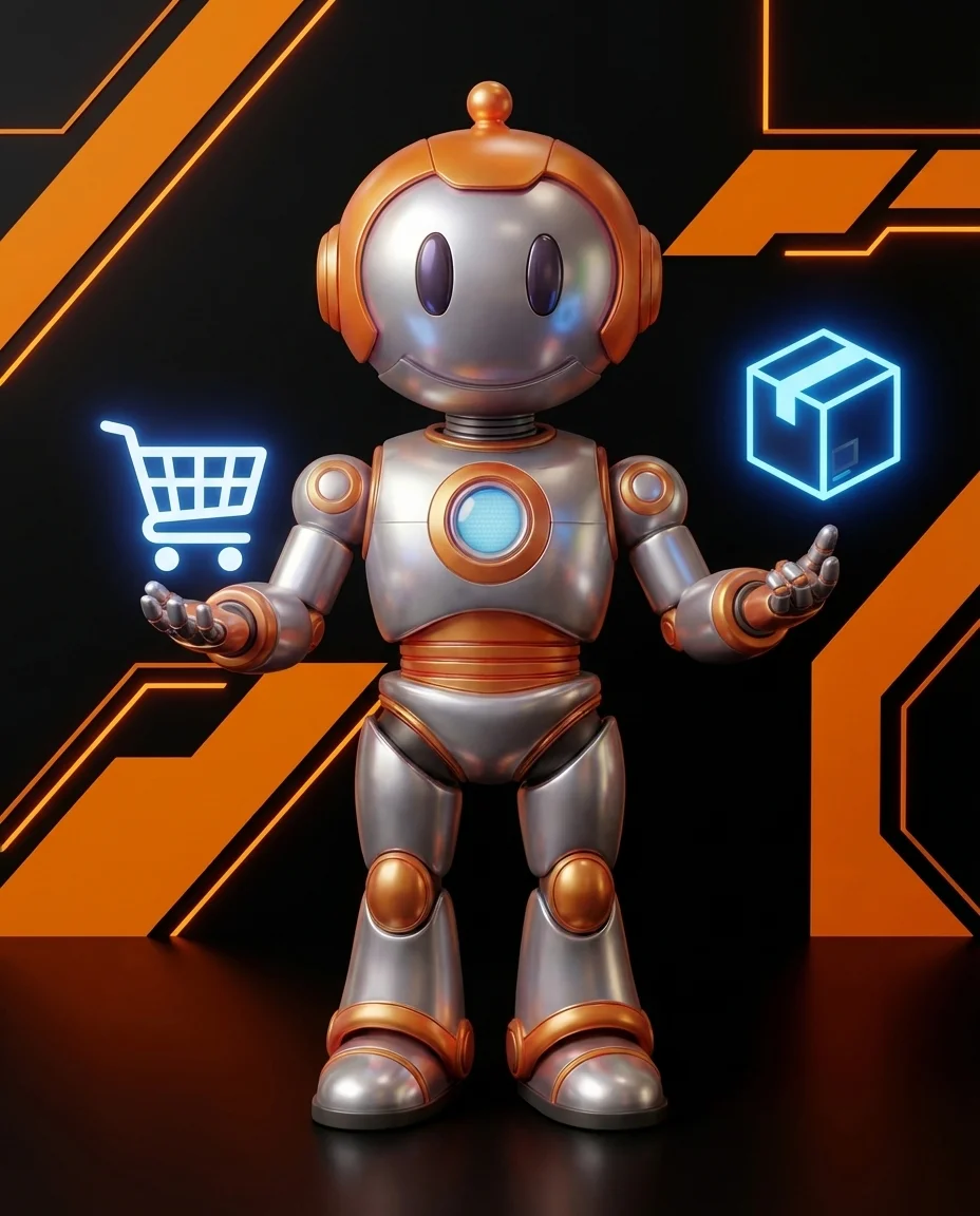 Robot hält Einkaufswagen und zeigt auf einen Checkout-Pfeil ohne Registrierungsformular