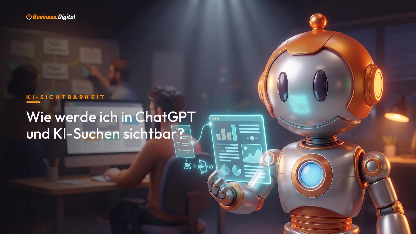 Roboter zeigt KI-Antwort mit Website als Quelle: Sichtbarkeit in ChatGPT und Google AI Overviews