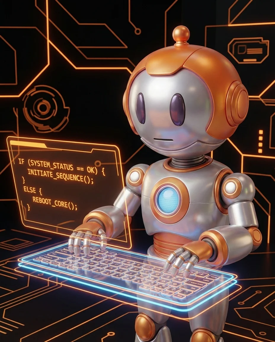 Robot zeigt auf verzweigtes Diagramm als Git-Branch-Darstellung