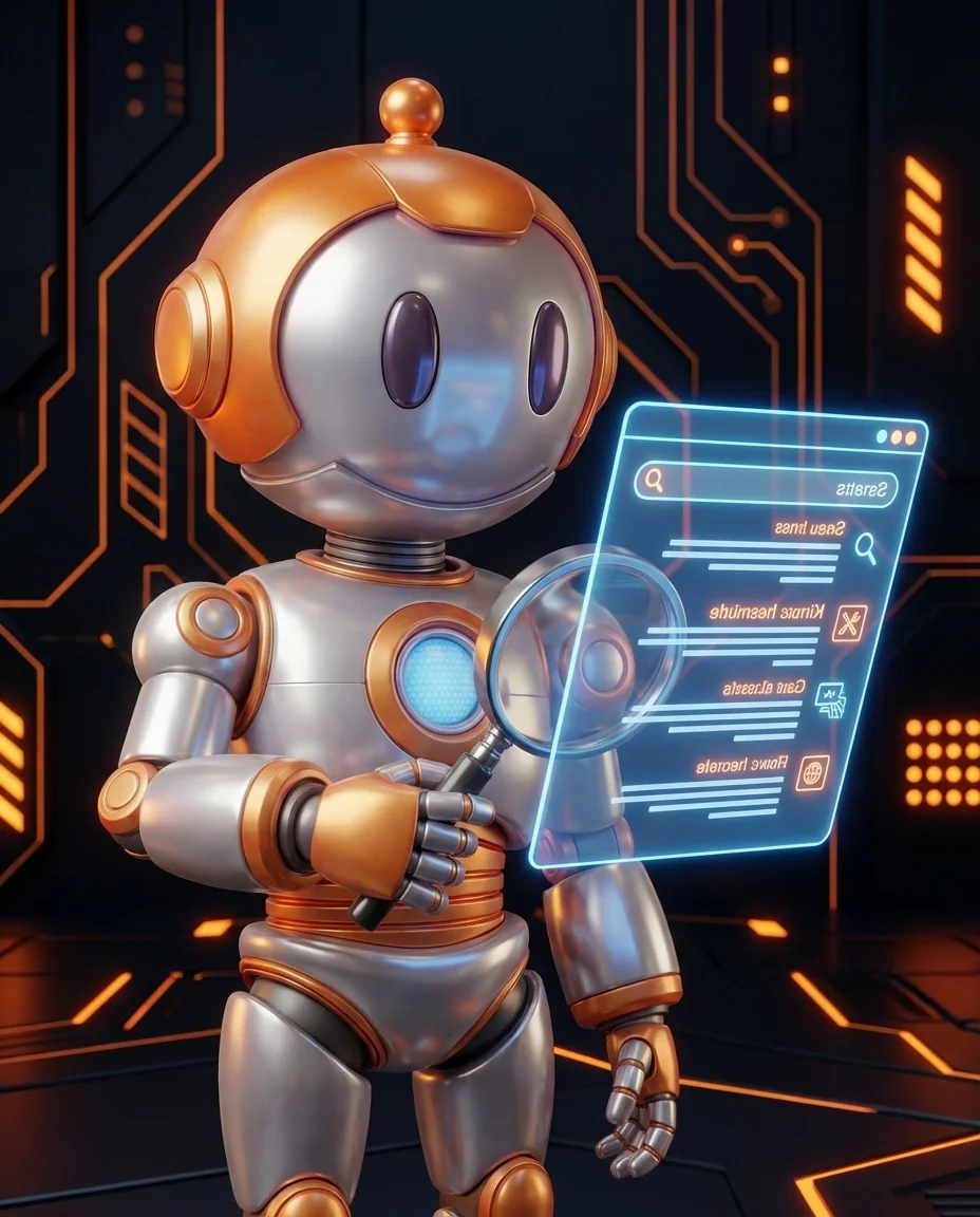 Robot zeigt auf eine alphabetische Glossar-Sammlung auf einer Website