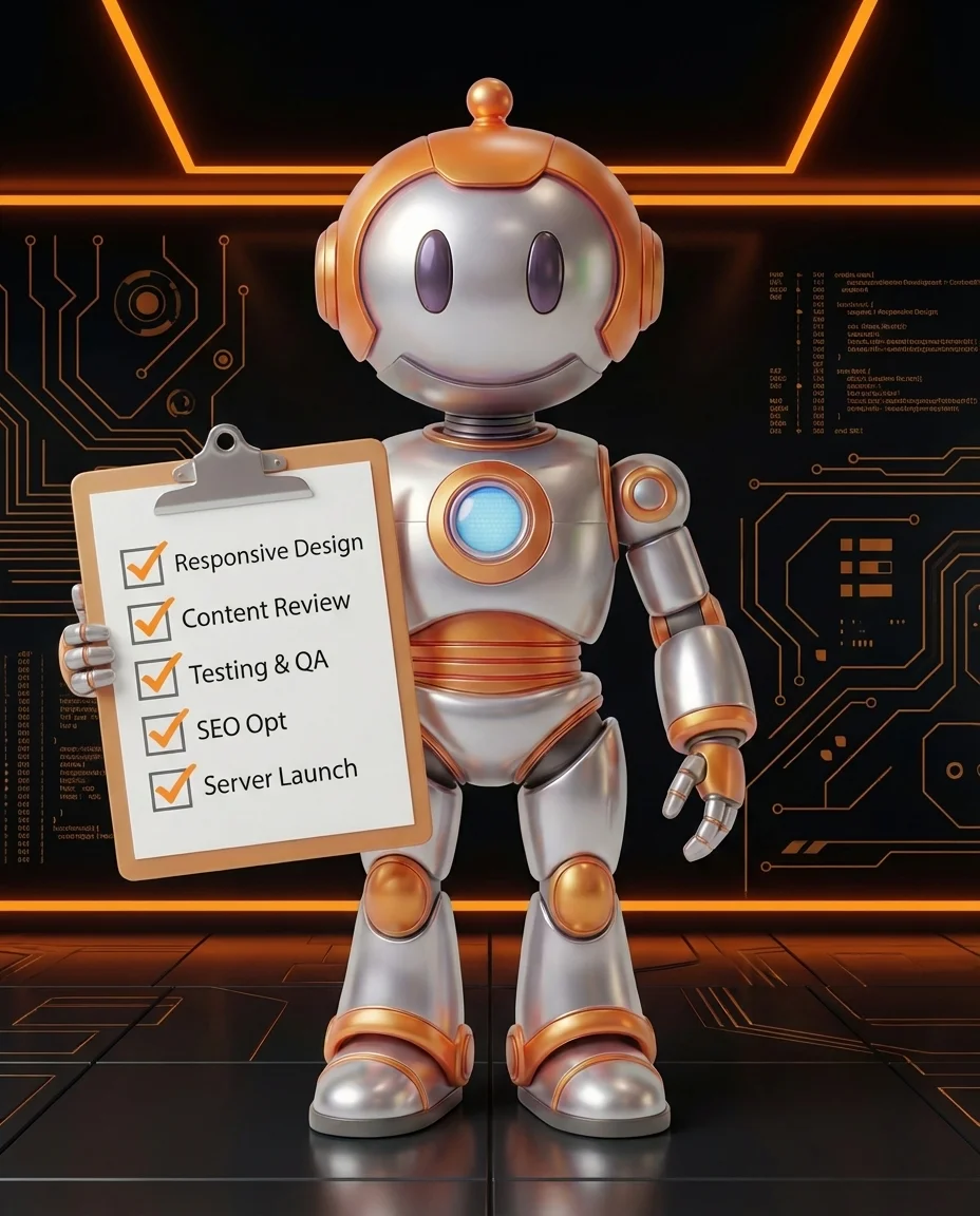 Robot zeigt auf Checkliste mit Häkchen beim Go-Live einer Website