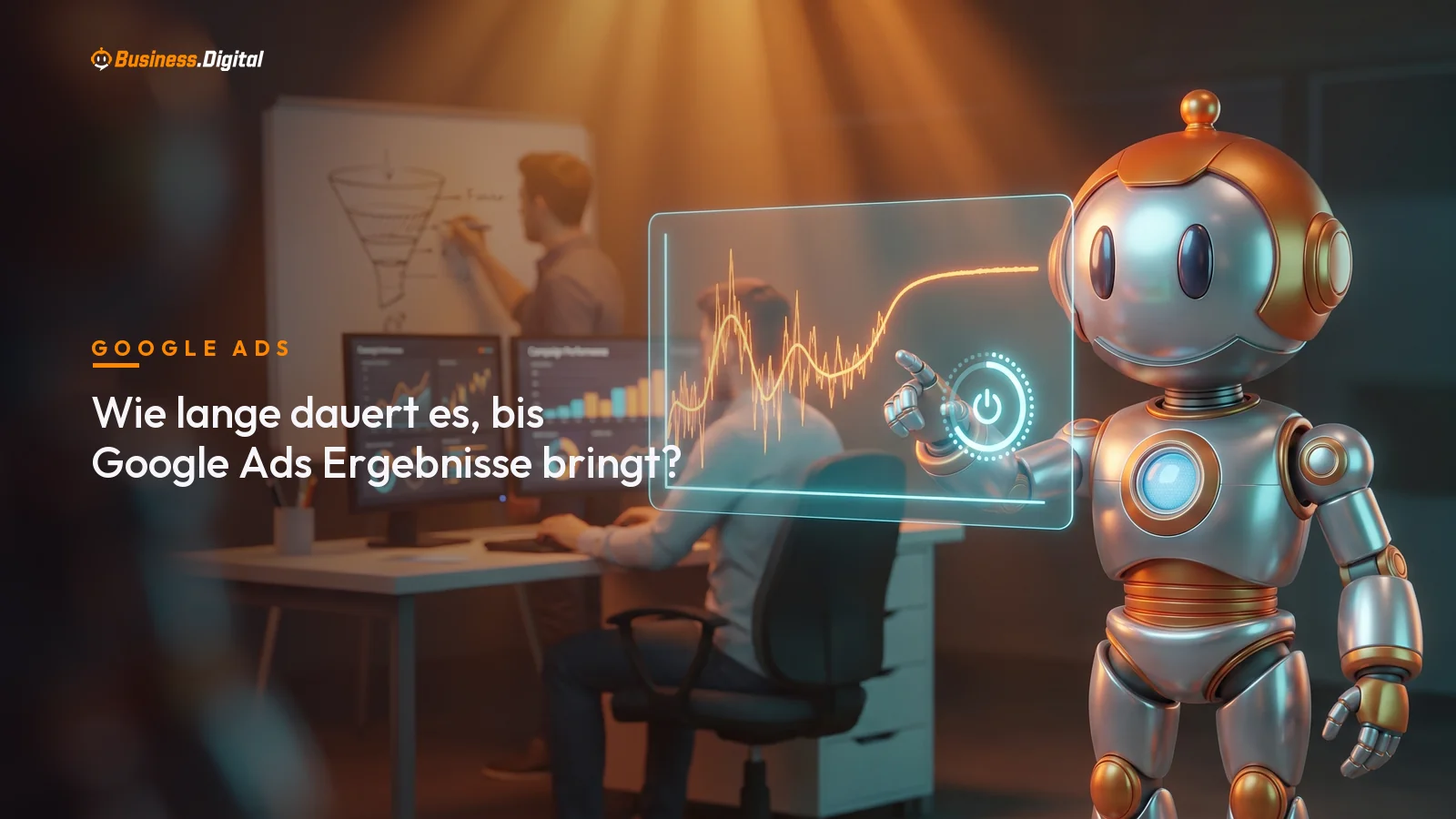 Roboter zeigt Hologramm-Kurve von unruhig zu stabil und Lernphase: wann Google Ads Ergebnisse bringt
