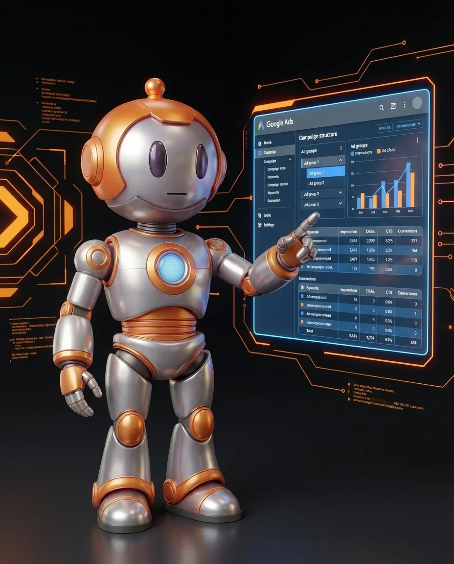 Roboter erstellt Google Ads Kampagne mit Keywords und Anzeigenstruktur