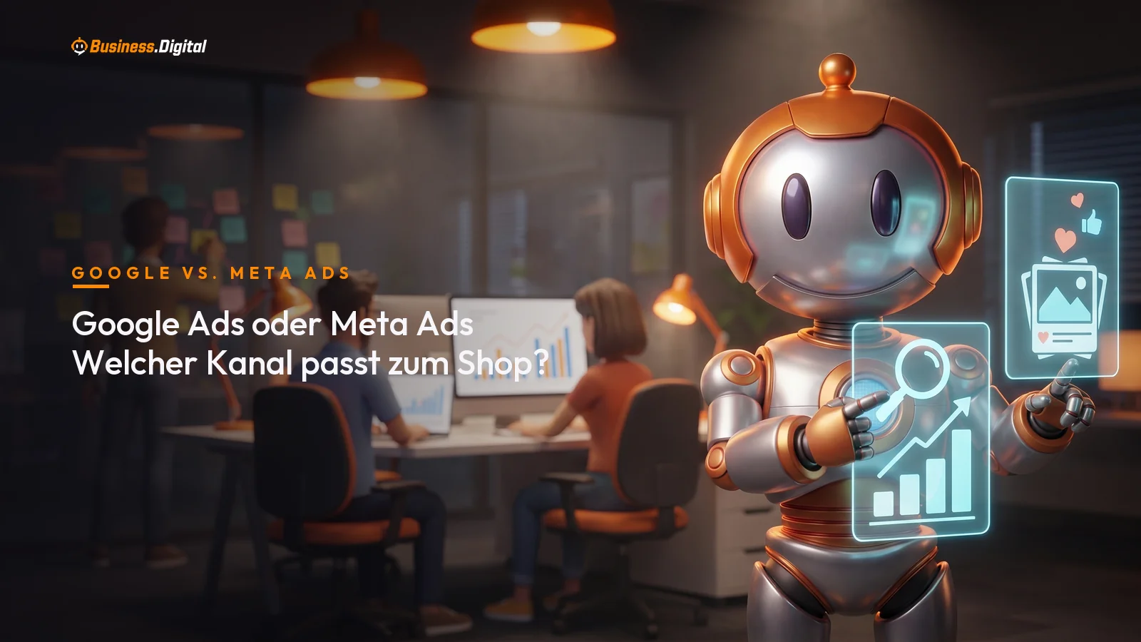 Roboter vergleicht Hologramme zu Google Ads und Meta Ads im Marketingbüro eines Onlineshops