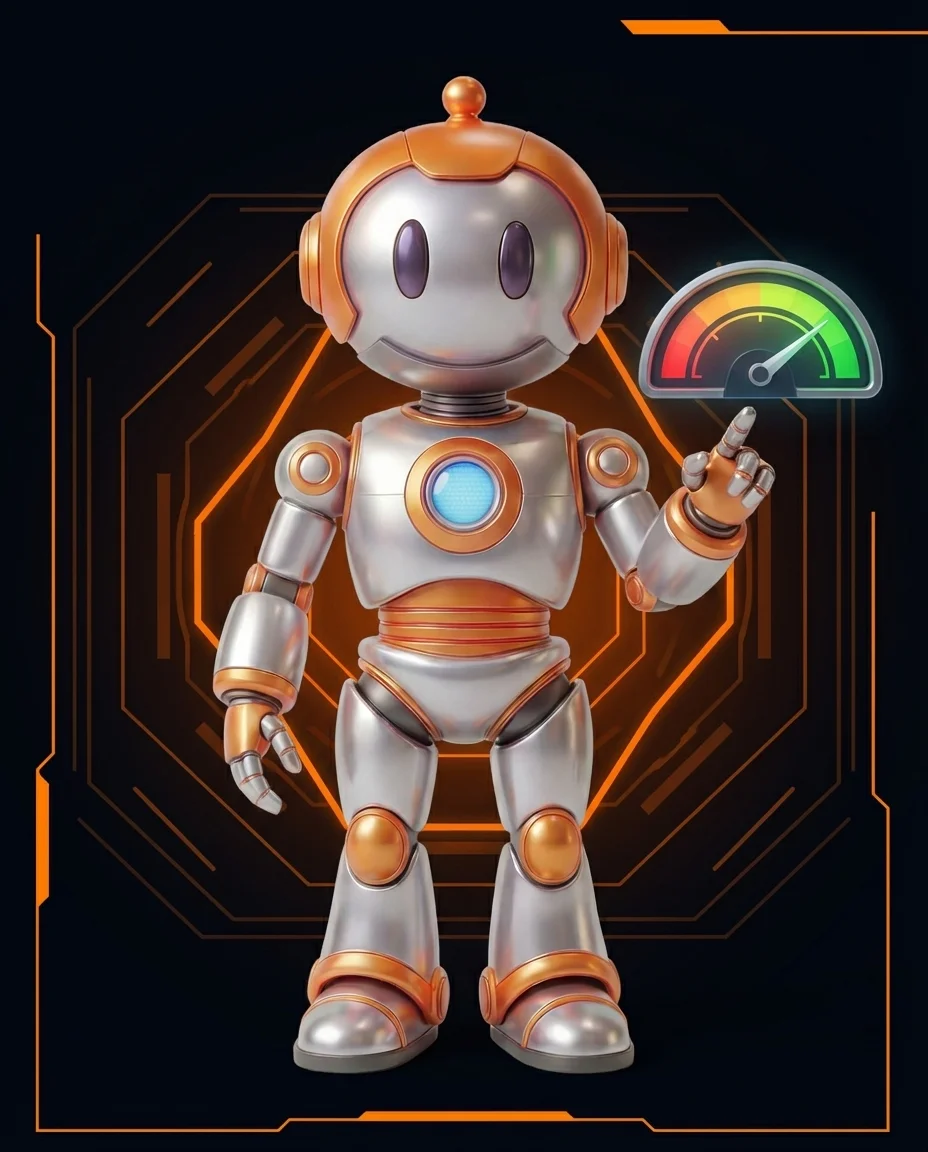 Roboter zeigt steigenden Google Ads Qualitätsfaktor auf Monitoring-Bildschirm