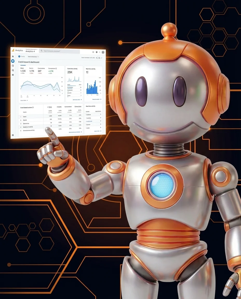 Roboter erklärt Google Analytics 4 Dashboard mit Datengrafiken