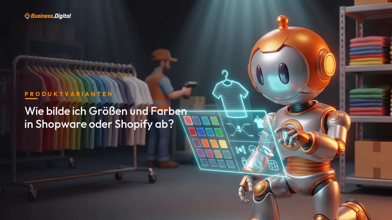 Roboter mit Varianten-Matrix aus Farb- und Größenkacheln vor einem Modelager