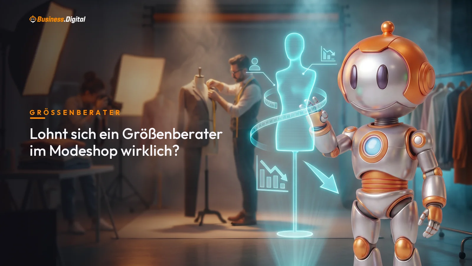 Roboter zeigt einen Größenberater als Hologramm mit Maßlinien vor einem Modestudio
