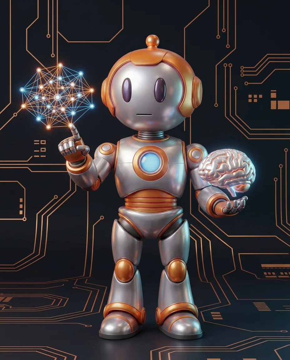 Robot hält leuchtendes Datei-Dokument das als Anker für Wissensbasis dient