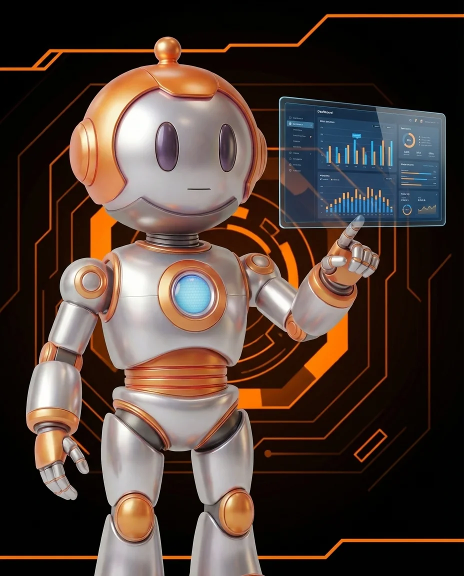 Robot zeigt auf eine Tafel mit Verbotssymbolen und Regelcheckliste