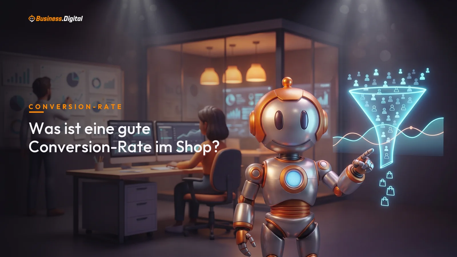 Roboter erklärt die Conversion-Rate an einem Hologramm-Funnel vor einem E-Commerce-Büro