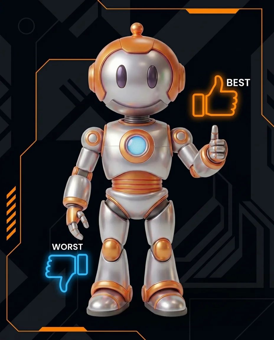 Roboter zeigt Daumen hoch und Daumen runter als Vergleich guter und schlechter Agentur