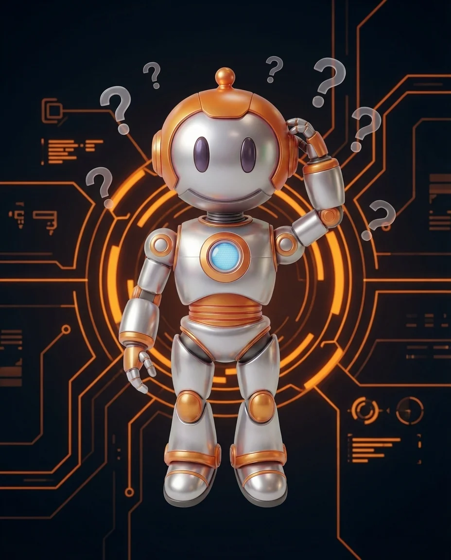 BD-Robot kratzt sich am Kopf vor Warnsymbol – KI Halluzination