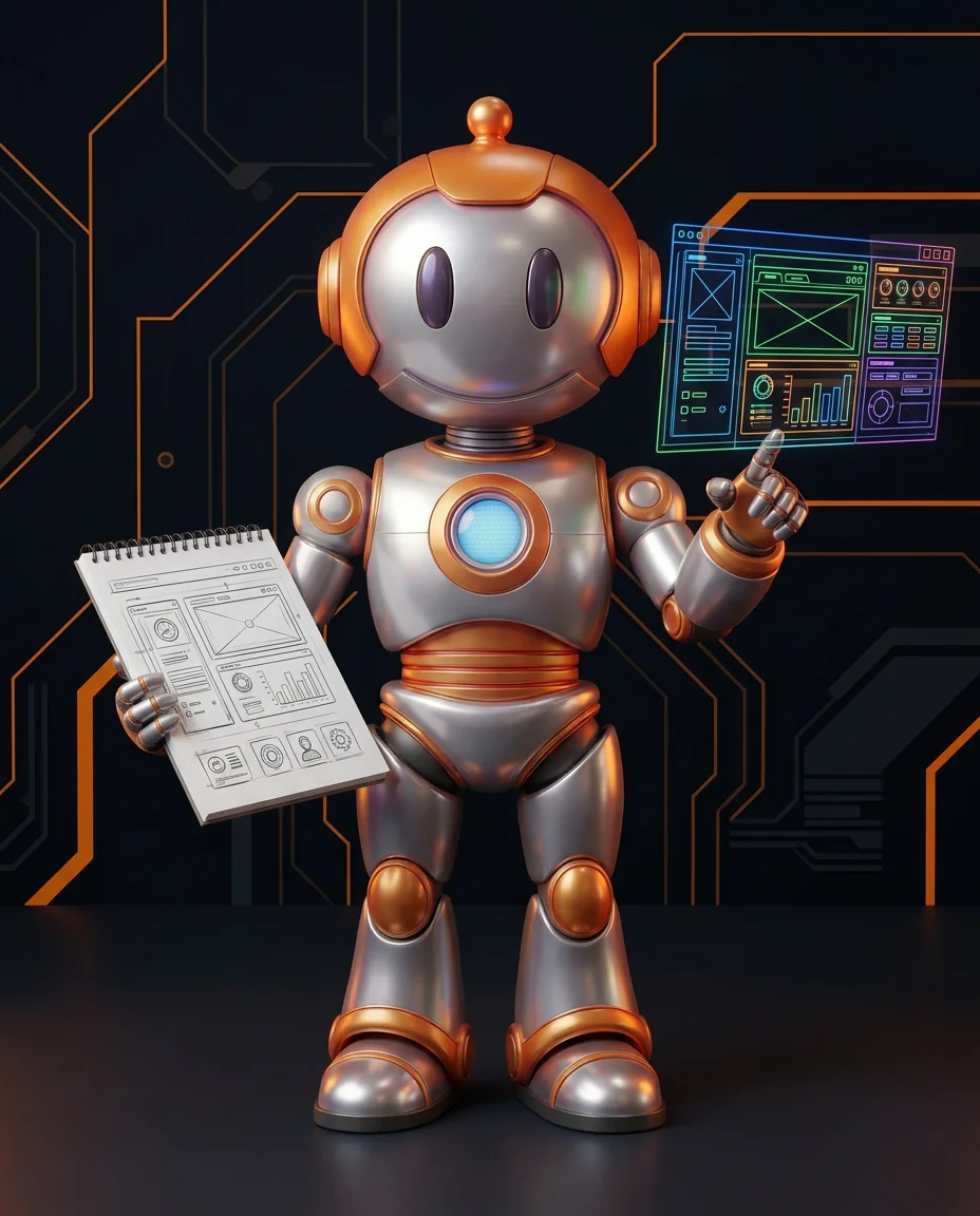 Robot zeigt auf drei horizontale Linien als Hamburger-Menü-Symbol