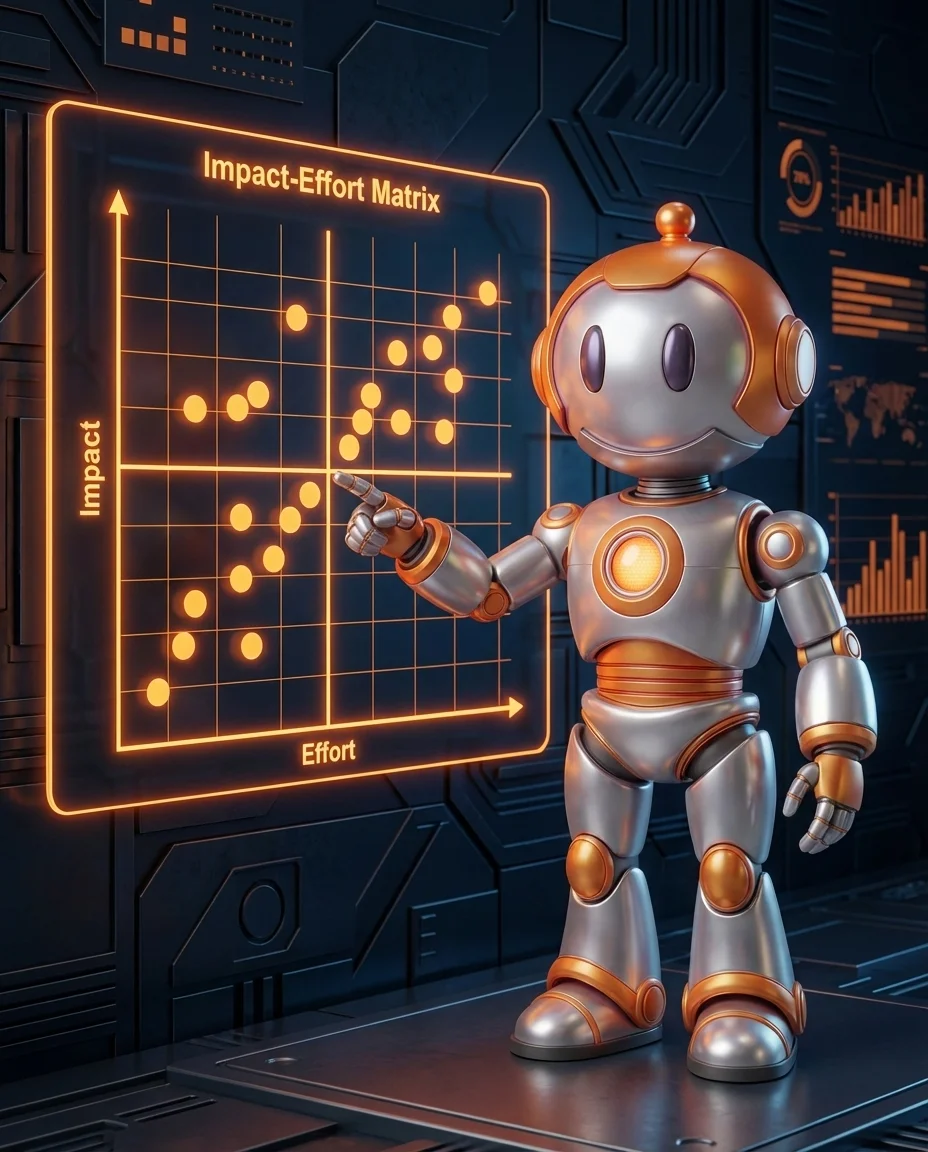 Robot zeigt auf Impact-Aufwand-Matrix mit eingezeichneten Maßnahmen
