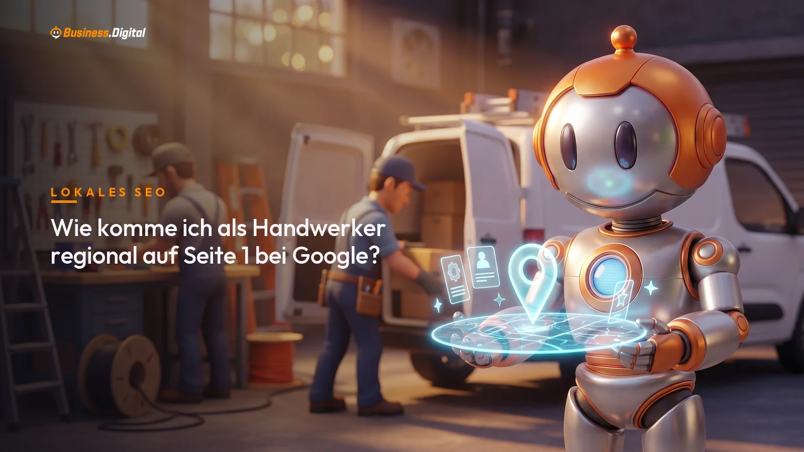 Roboter mit Hologramm-Karte und Standortnadel für lokales SEO vor einem Handwerksbetrieb
