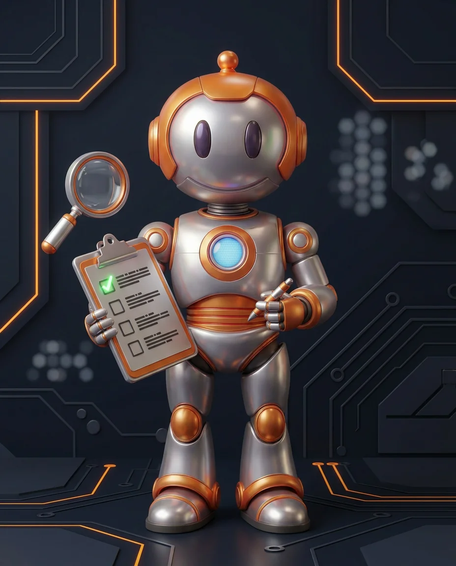 Robot zeigt auf Laptop-Bildschirm mit Heatmap-Darstellung einer Website