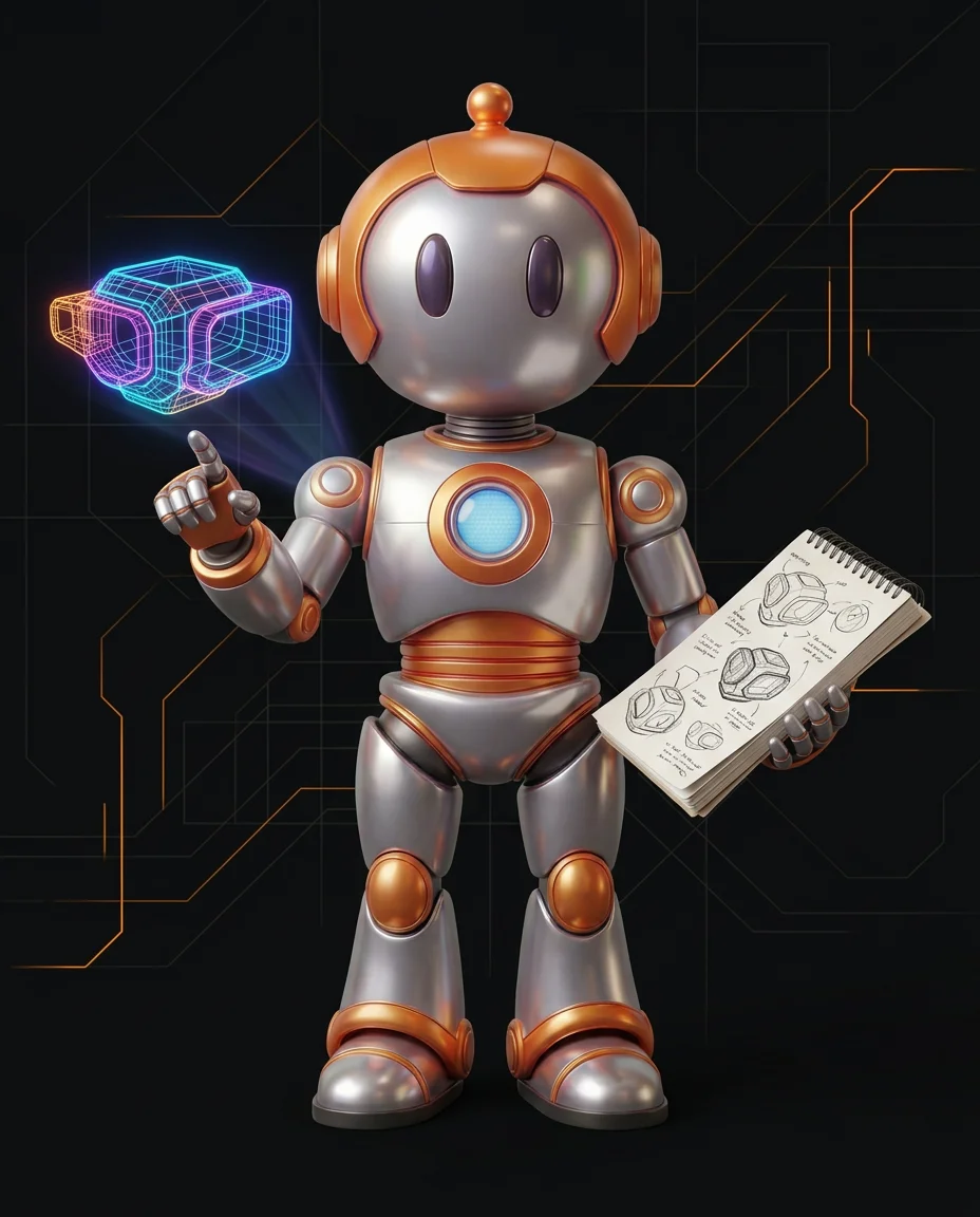 Robot hält Skizze eines Website-Hero-Bereichs mit Überschrift und Button