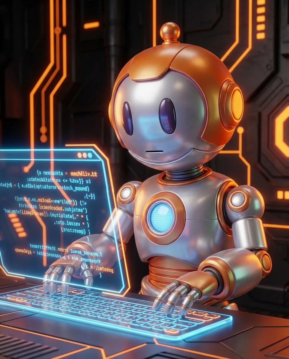 Robot zeigt auf Laptop-Screen mit Konfigurationsdatei und Servereinstellungen