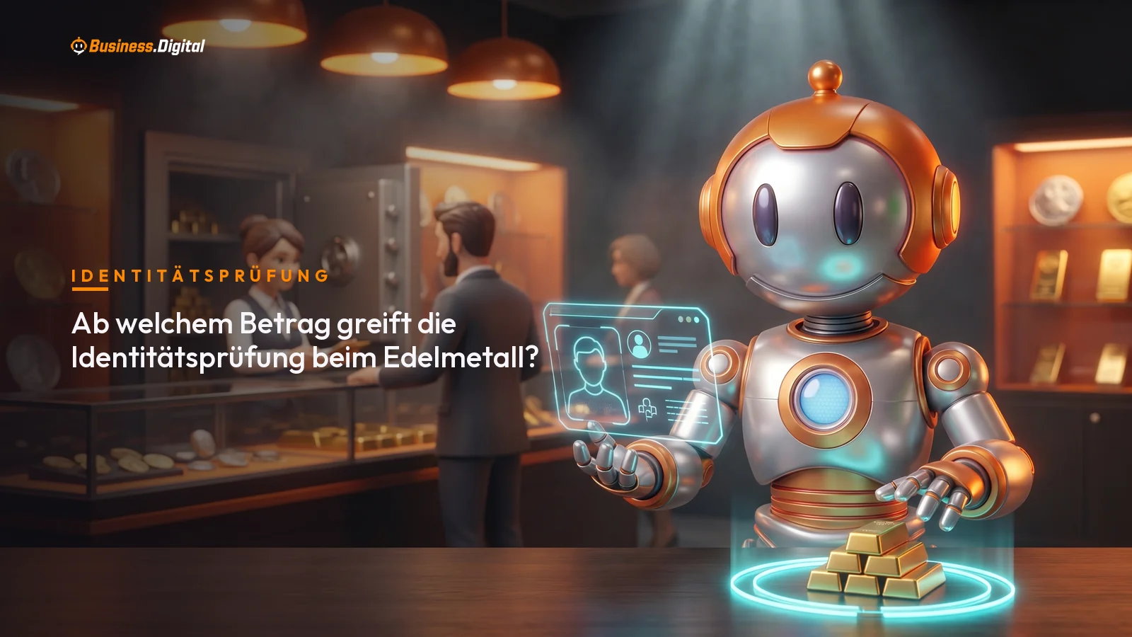 Roboter mit Hologramm zur Identitätsprüfung neben Goldbarren im Edelmetallhandel