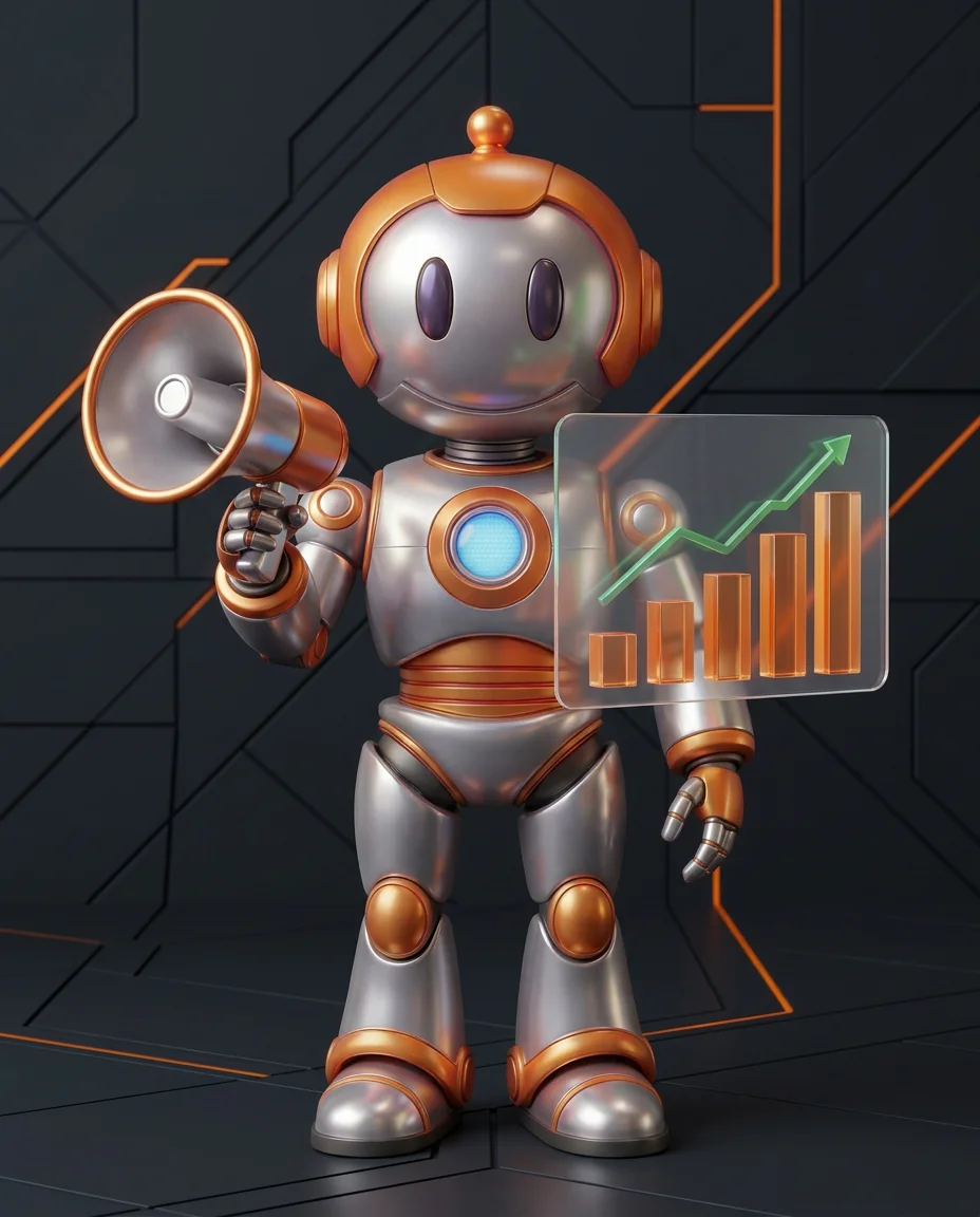 Robot zeigt auf ein Diagramm mit Impression-Zahlen in Online-Kampagnen