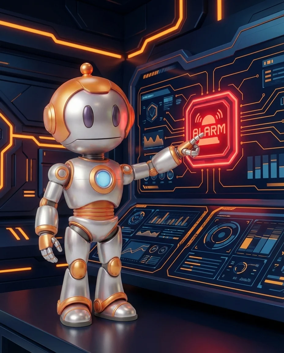 Robot zeigt auf Alarmanzeige im Dashboard für Incident Management Erklärung