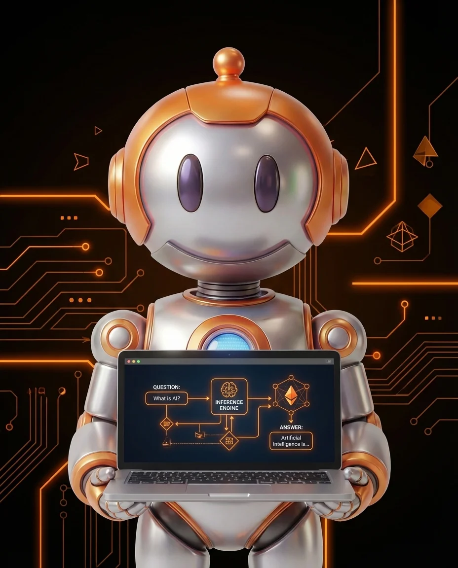 BD-Robot mit Laptop verarbeitet Anfrage – Inferenz KI erklärt