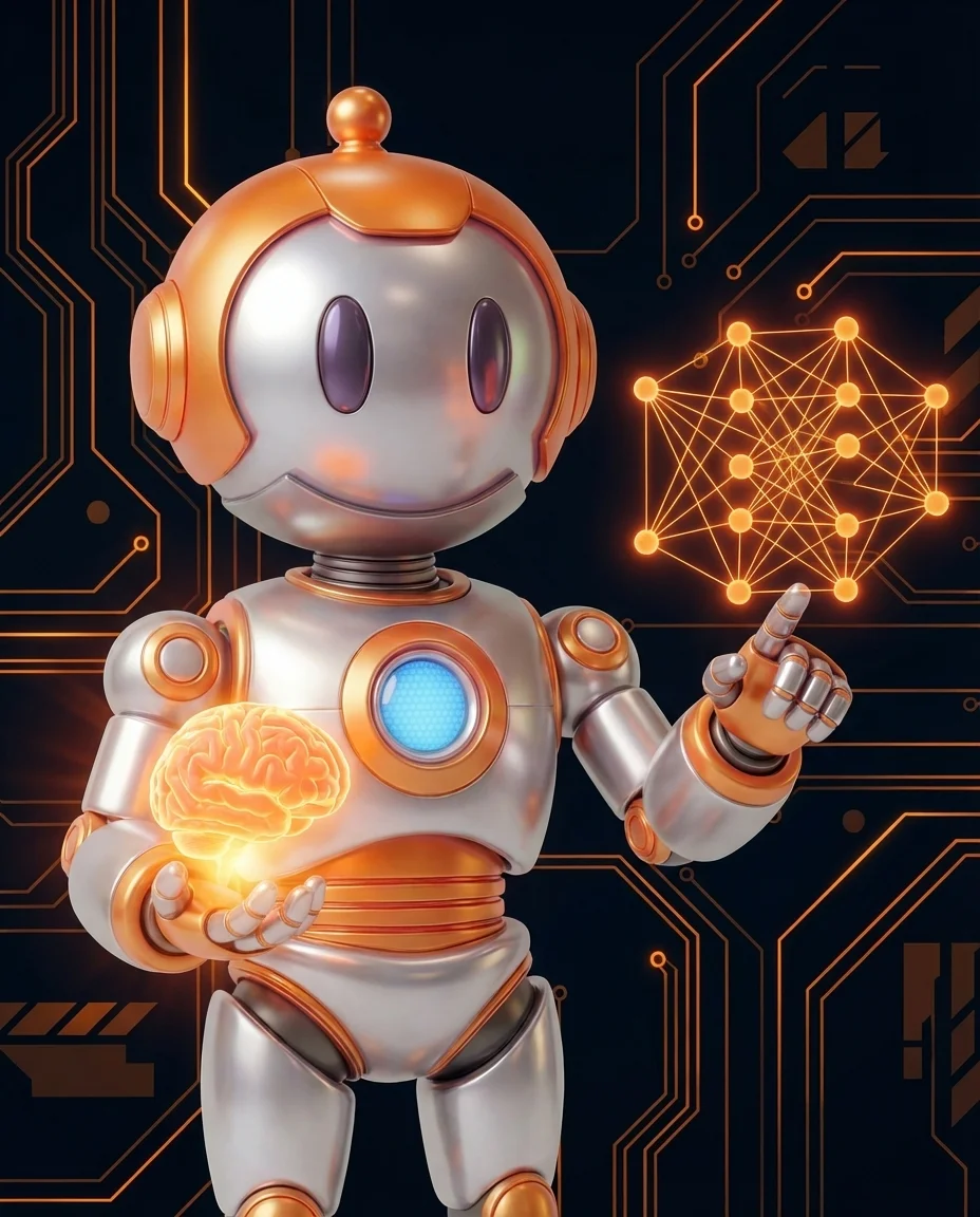 Robot hält leuchtendes Balkendiagramm mit Kosten- und Geschwindigkeitsanzeige