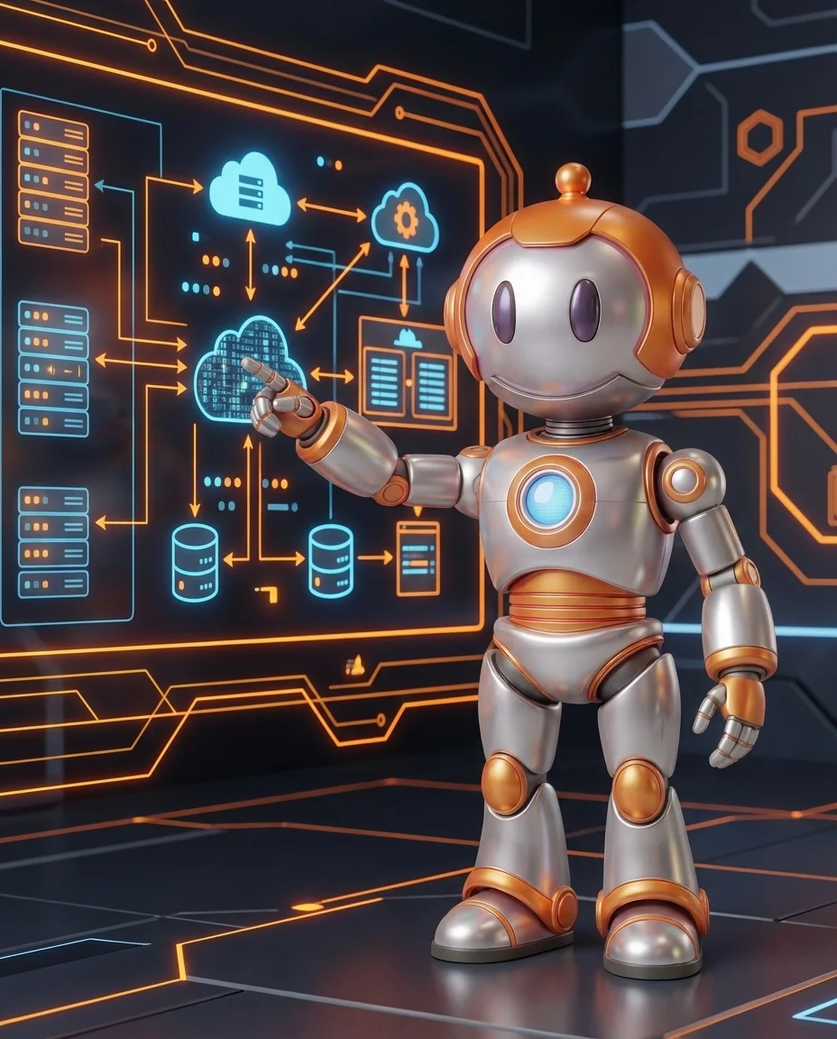 Robot zeigt auf Systemintegrations-Diagramm mit verbundenen Datenpunkten