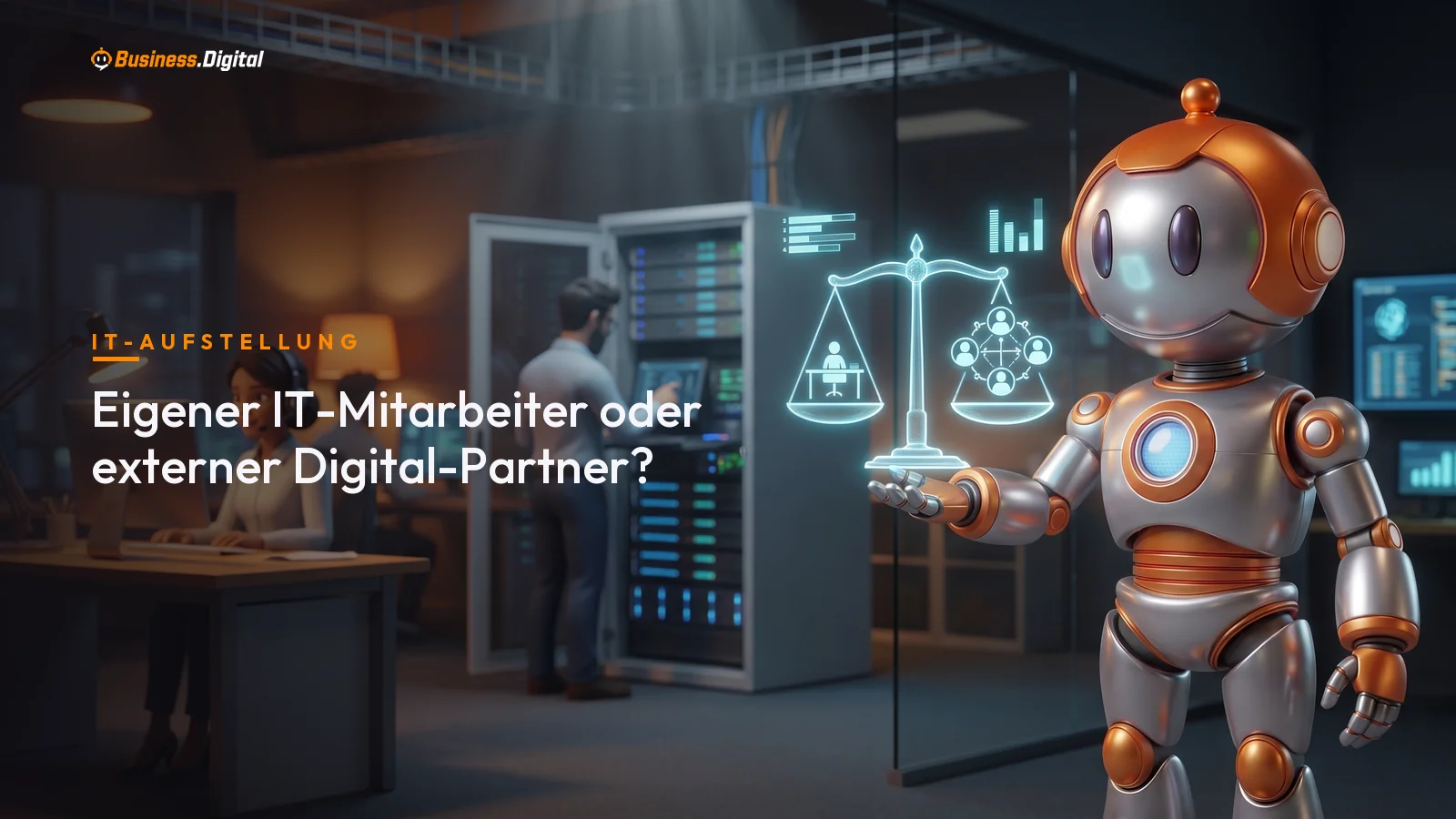 Roboter wägt interne IT-Stelle und externen Digital-Partner an einer Hologramm-Waage ab