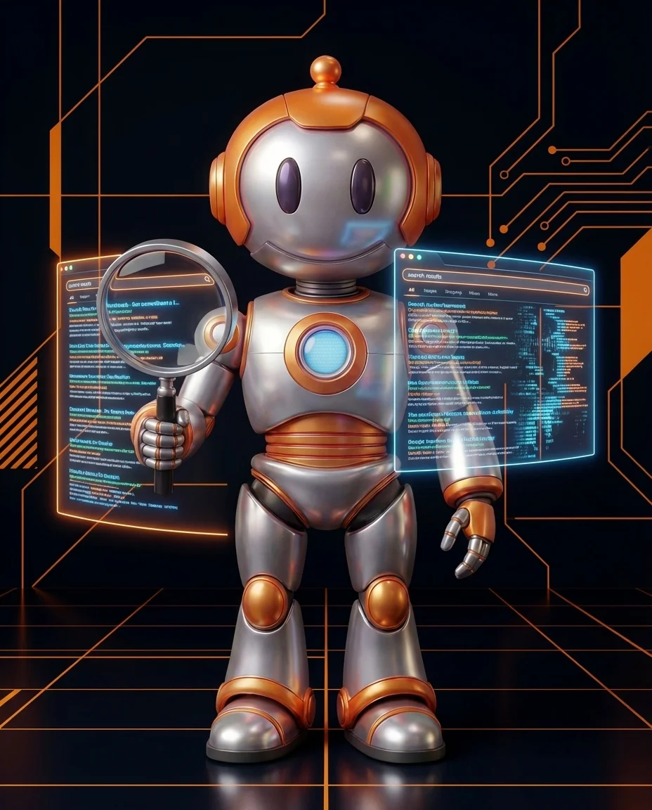 Robot zeigt auf ein internes Verlinkungsdiagramm zwischen Artikeln und Leistungsseiten