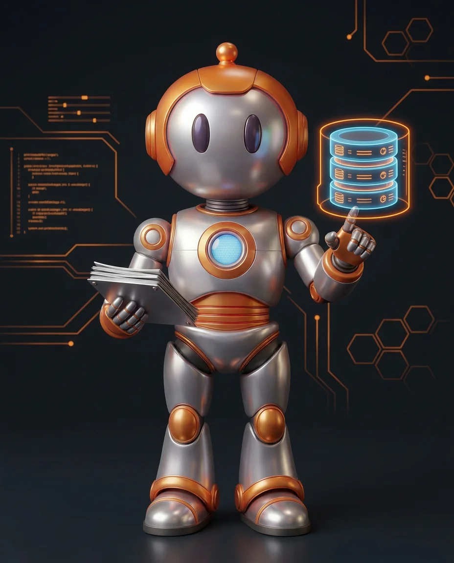 Robot hält Taschenrechner mit Differenzpfeil zwischen zwei Bestandssäulen