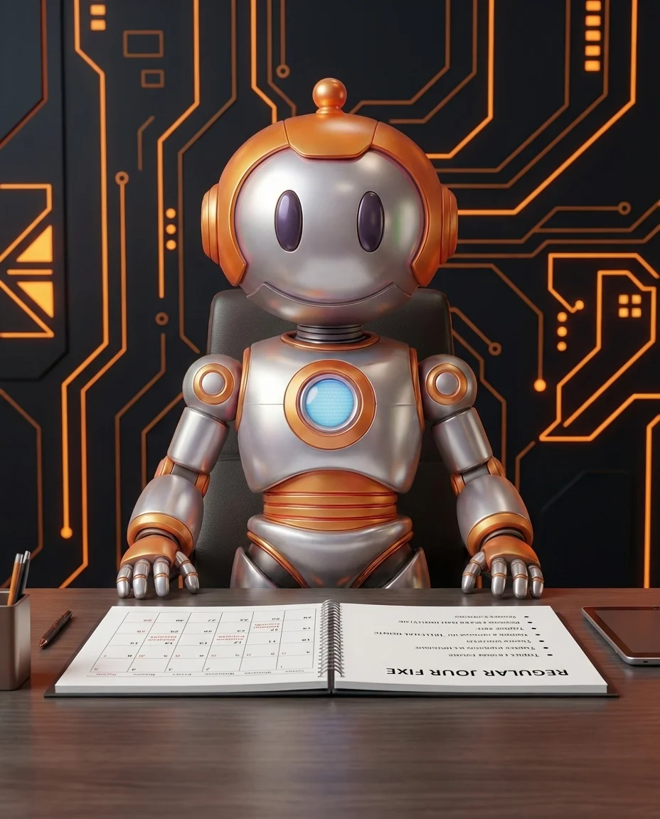 Robot sitzt an Schreibtisch und bereitet sich auf Jour Fixe Meeting vor