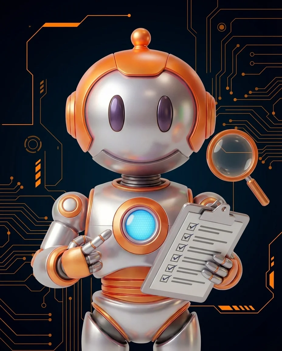 Robot analysiert Trichter-Diagramm mit Absprungpunkten und Optimierungsmarkierungen