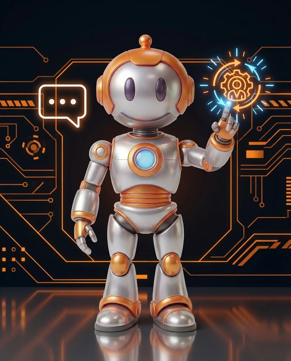 Roboter erklärt Unterschied zwischen Chatbot und KI-Agent mit zwei Diagrammen