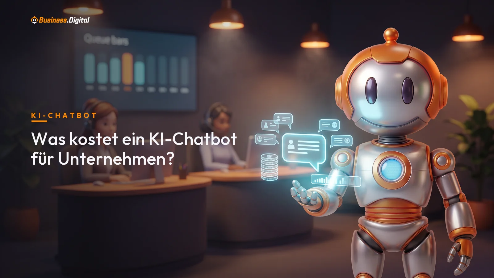 Roboter mit Chat-Hologramm und Kostenbalken zum KI-Chatbot vor einem Service-Büro