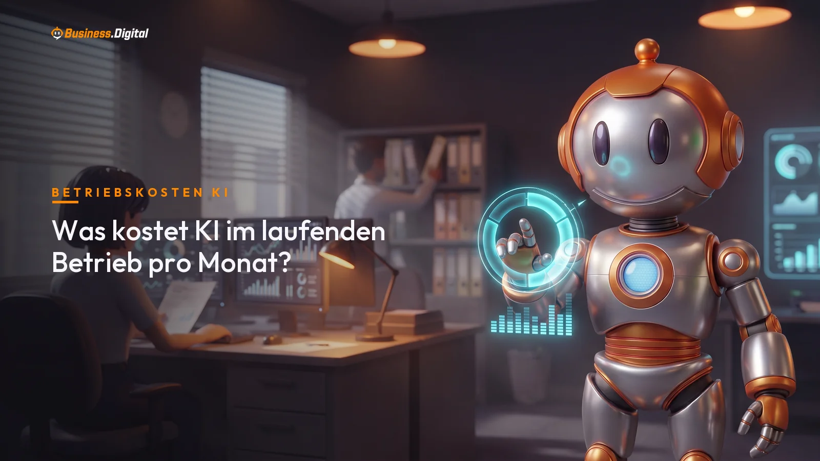 Roboter zeigt die laufenden KI-Kosten pro Monat als Hologramm vor einer Controlling-Abteilung