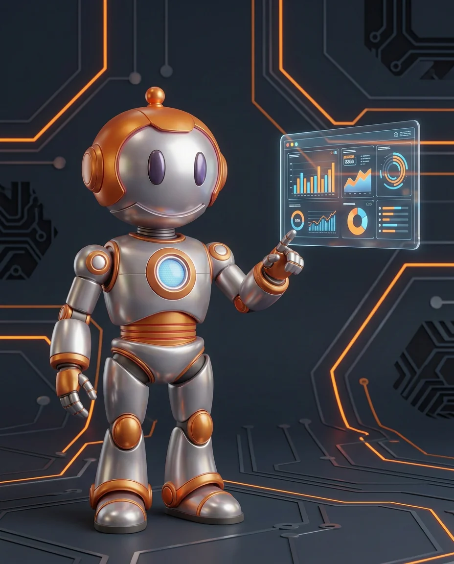 Robot hält leuchtendes Diagramm mit sequenziellen Verarbeitungsschritten und Pfeilen