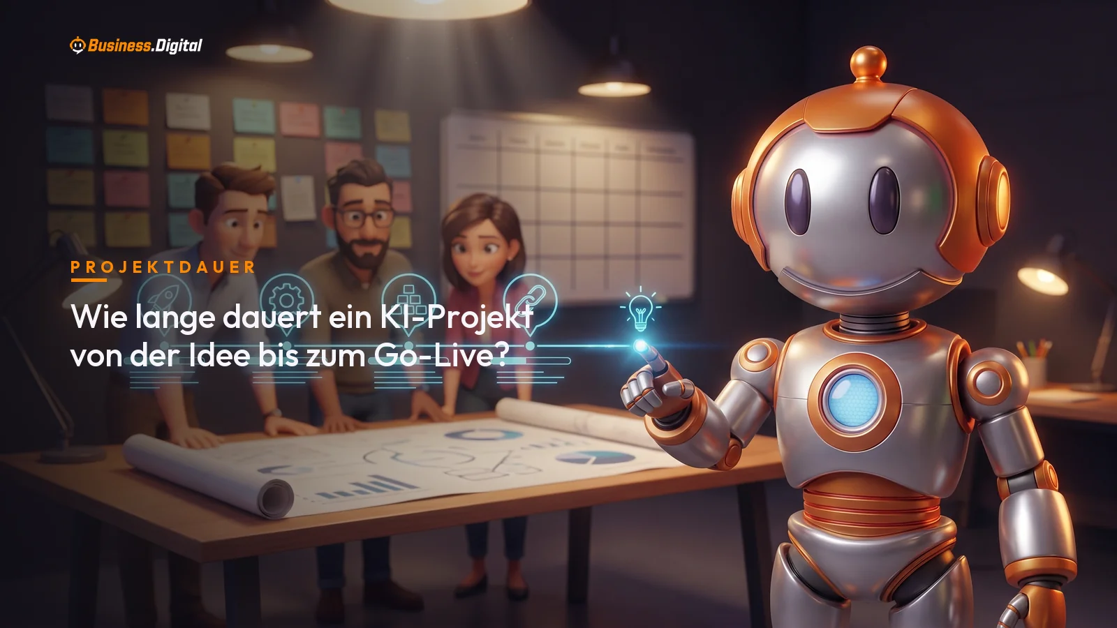 Roboter zeigt einen Hologramm-Zeitstrahl zur Dauer eines KI-Projekts bis zum Go-Live
