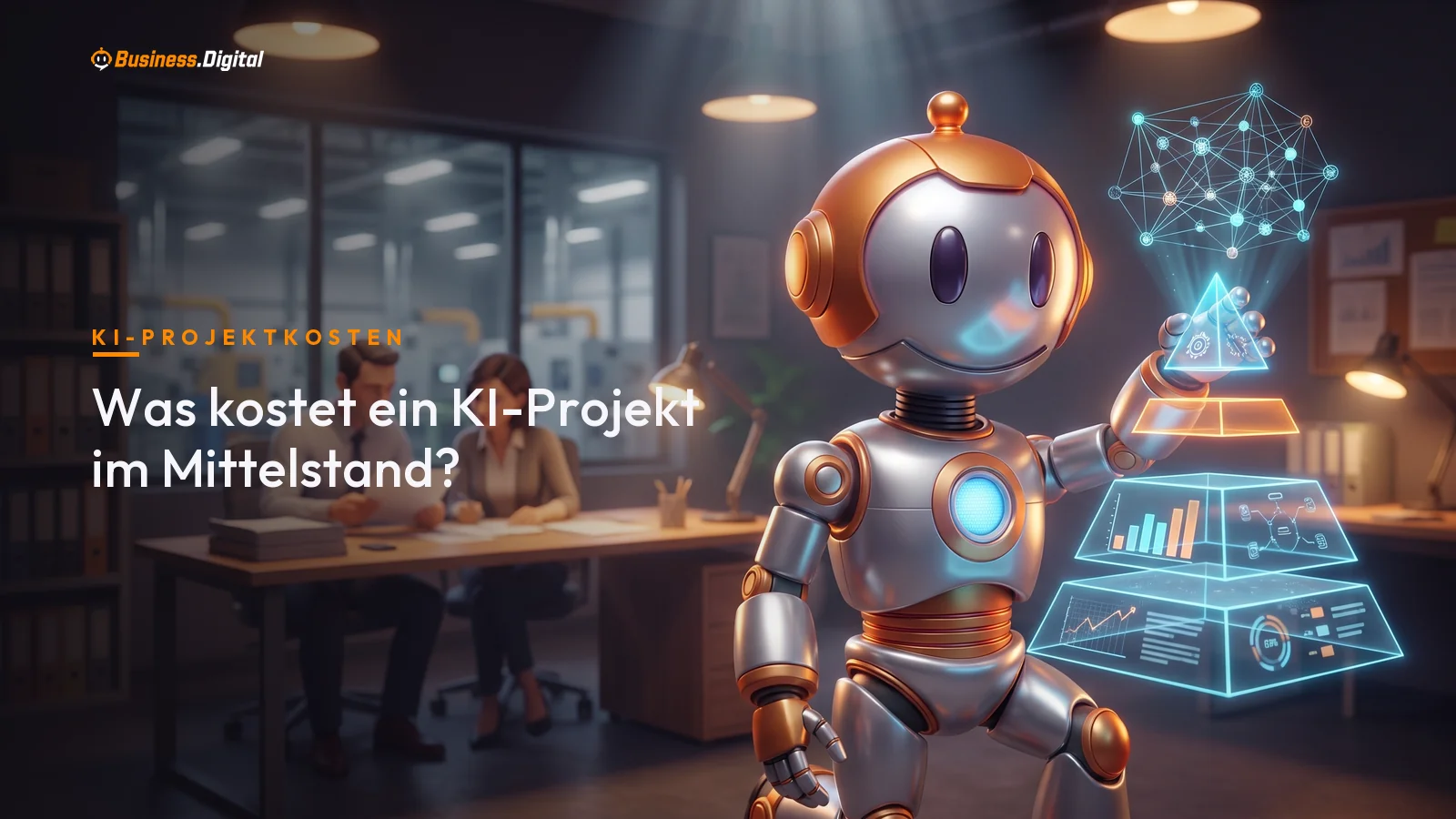 Roboter erklärt die Kosten eines KI-Projekts an einer Hologramm-Pyramide im Mittelstandsbüro