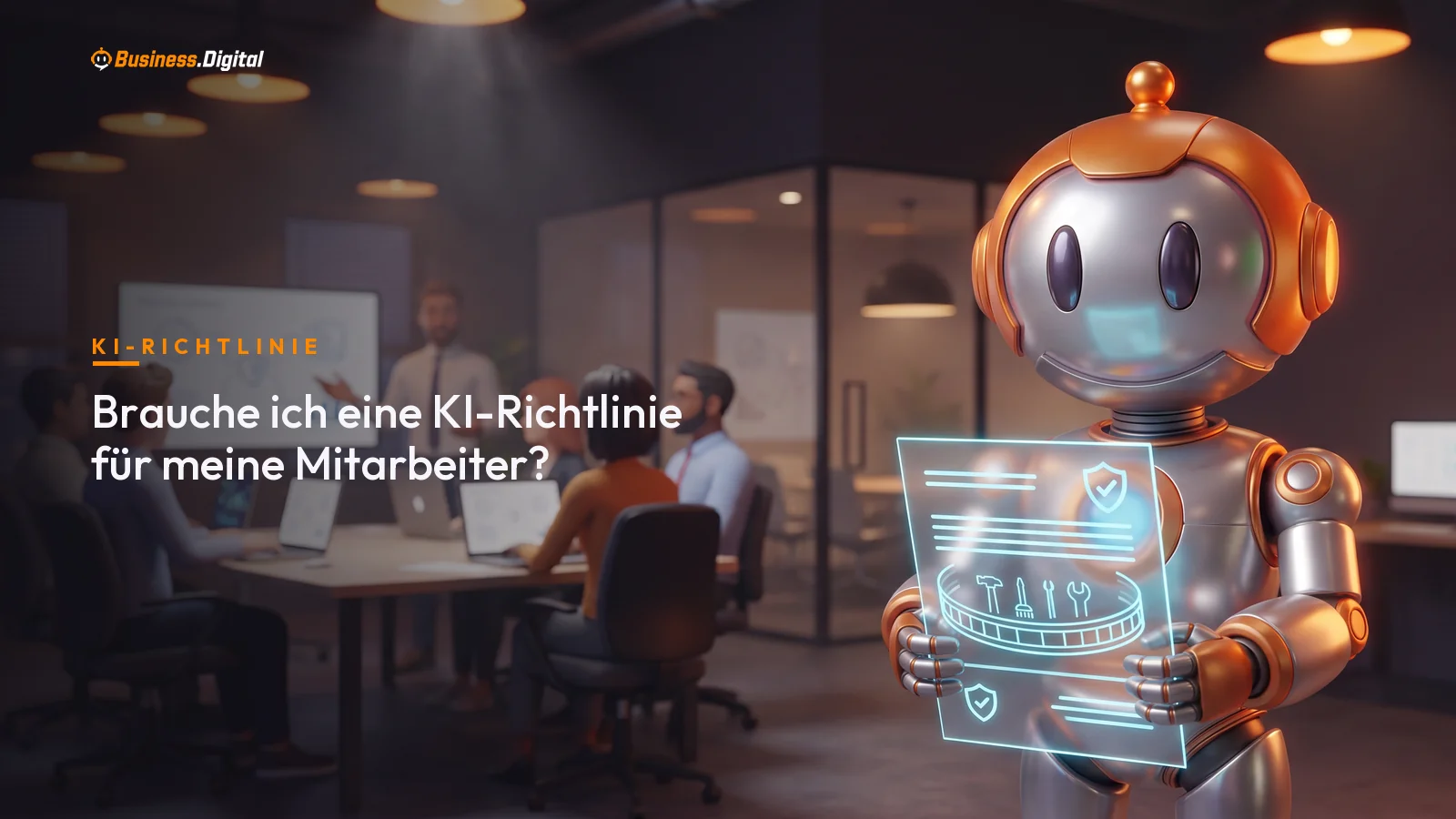 Roboter hält eine KI-Richtlinie als Hologramm mit Schutzschild vor einem Großraumbüro