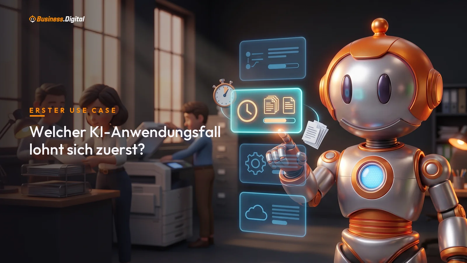 Roboter wählt den ersten KI-Anwendungsfall aus Hologramm-Kacheln vor einem Backoffice