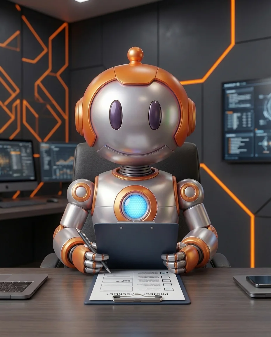 Robot erklärt Kickoff-Meeting und Projektstart-Abläufe in der Agenturarbeit