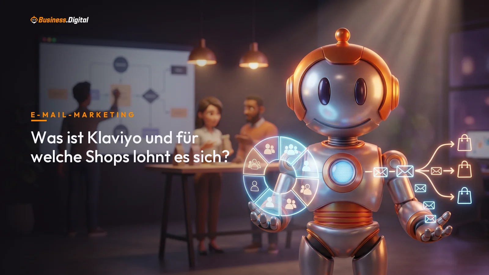 Roboter zeigt Klaviyo-Automationsstrecken als Hologramm vor einem E-Commerce-Marketingbüro