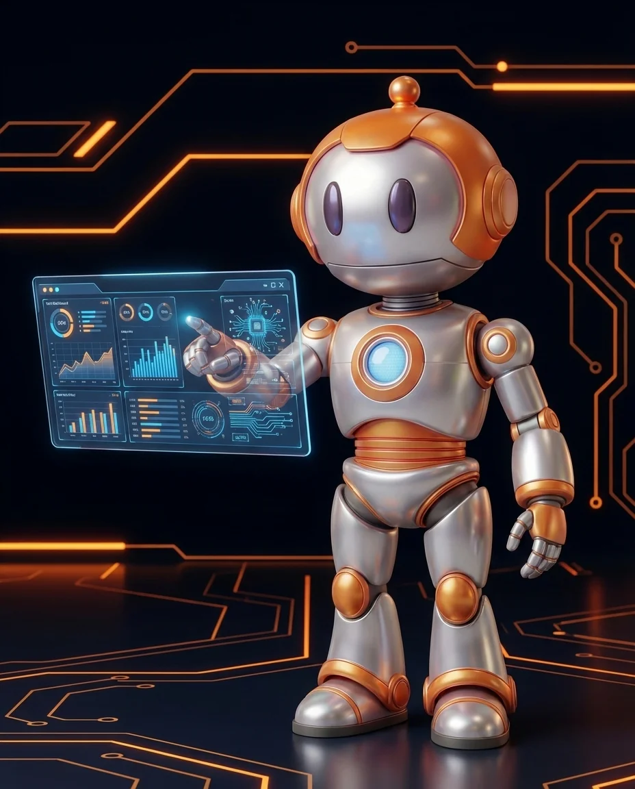 Robot zeigt auf Google-Suchergebnis-Seite mit hervorgehobener Infobox rechts