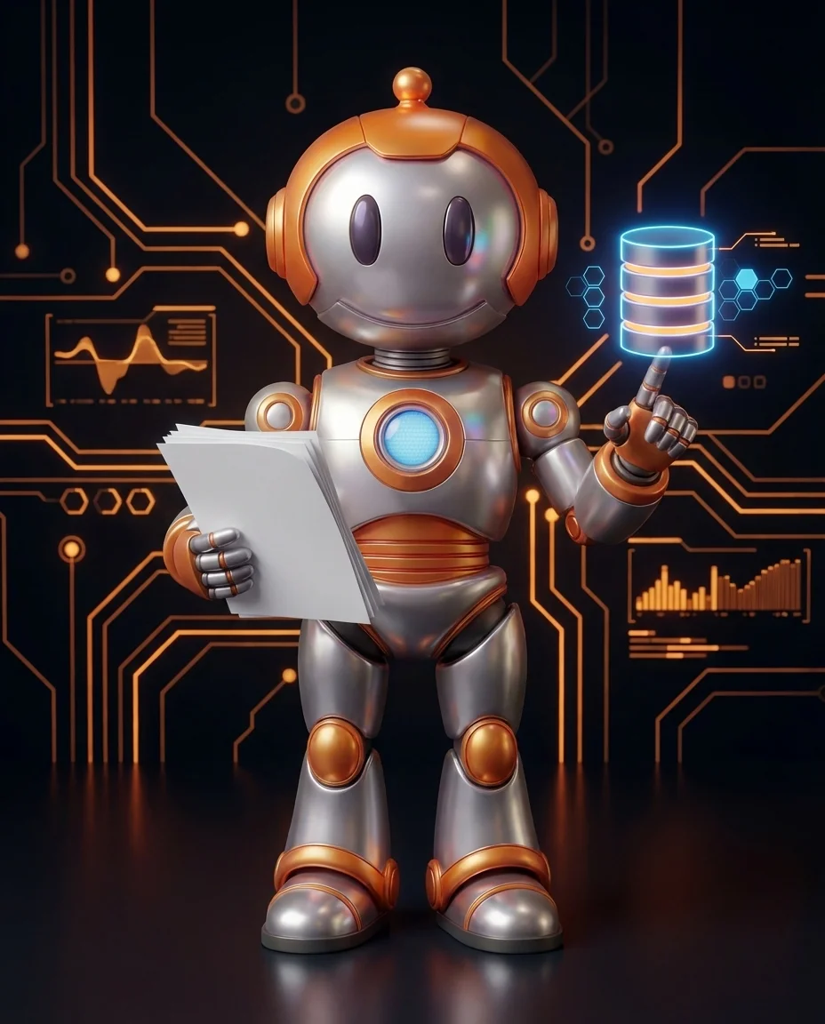 Robot hält Datenbankserver mit Kontenliste und Nummerierungsstruktur als Kontenrahmen